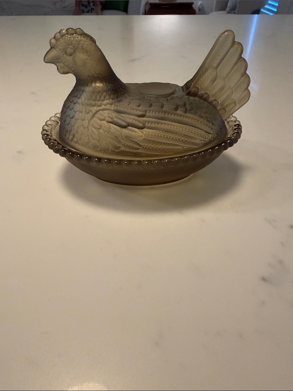 Green hen on a nest